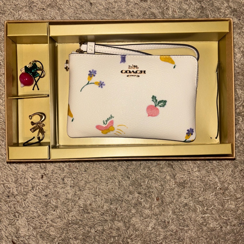 Coach White Wristlet with Floral Embroidery